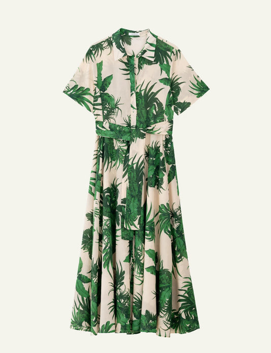 Philosophy short sleeve dress green tropical print maxi belted front view