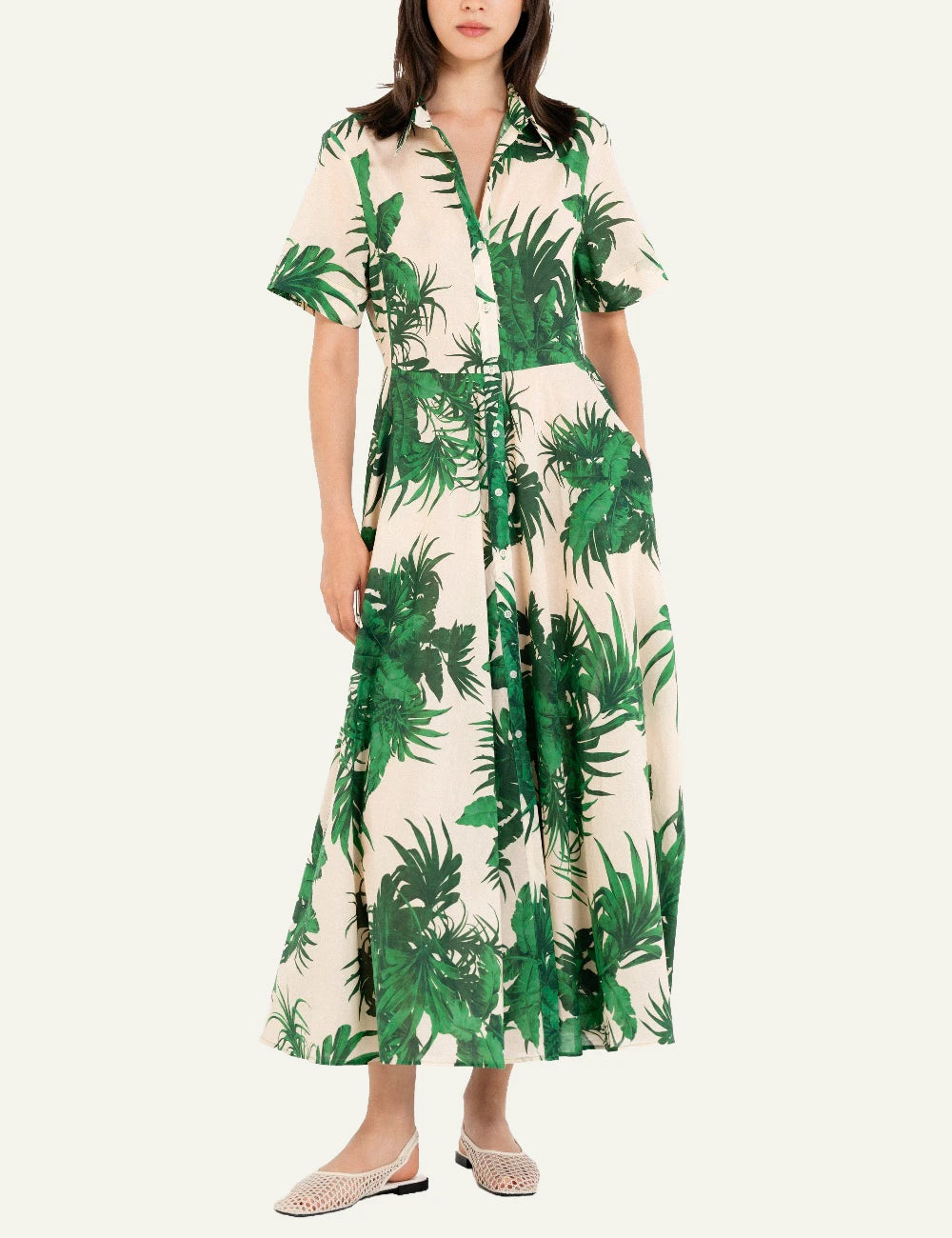 Philosophy short sleeve dress green tropical print maxi belted front full body view