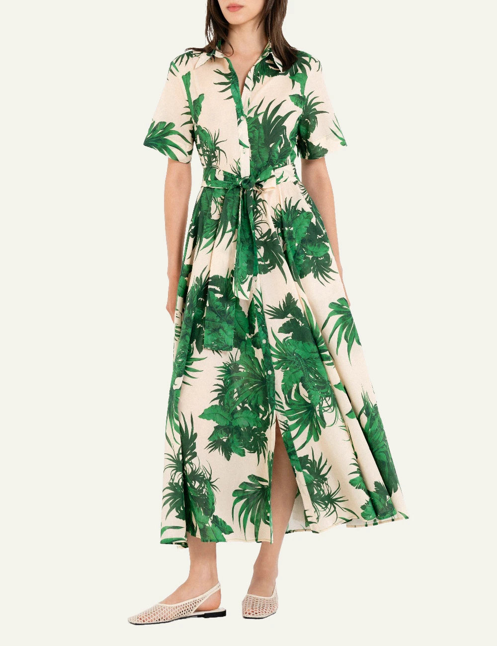 Philosophy short sleeve dress green tropical print maxi belted side view