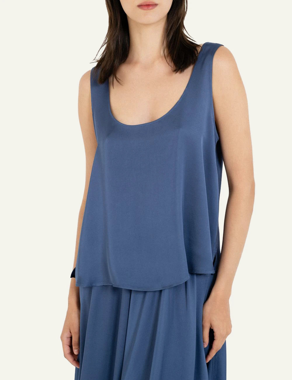 Philosophy sleeveless cropped top blue front view on model