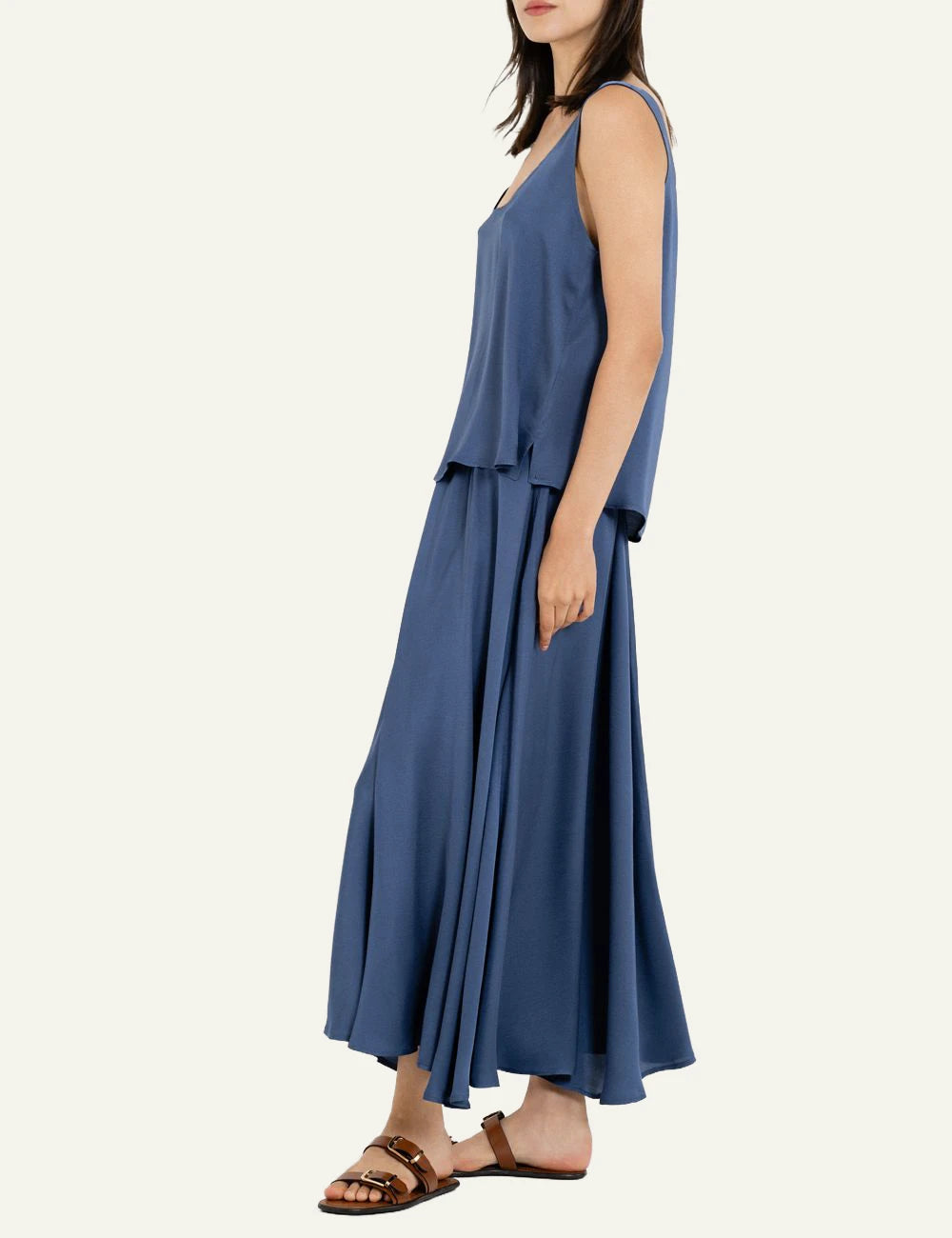 Philosophy sleeveless cropped top blue worn by model side view