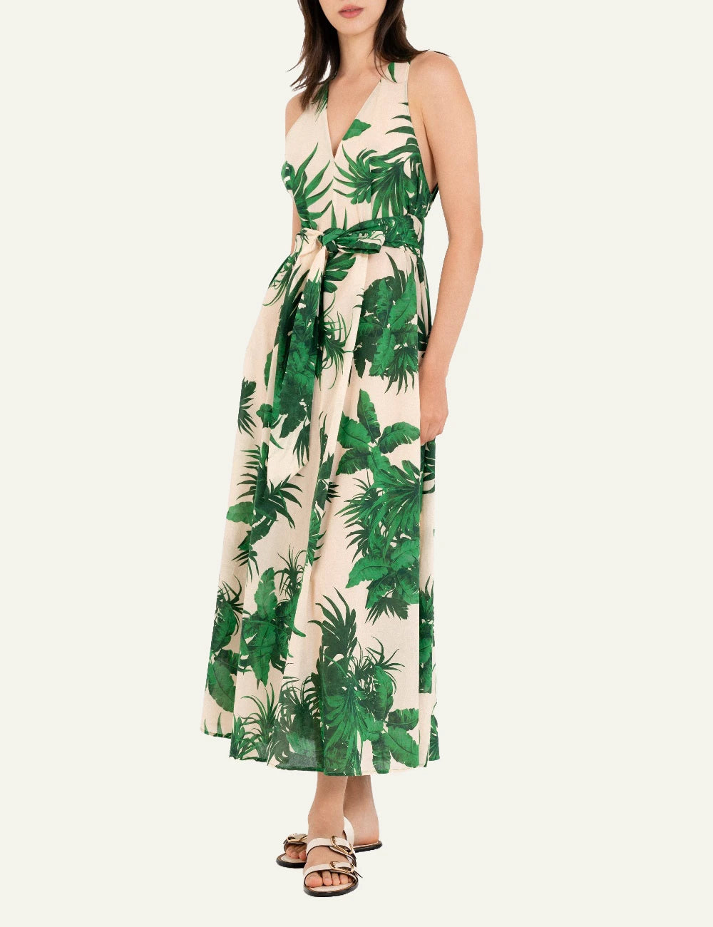 Philosophy sleeveless dress green tropical maxi belted side view