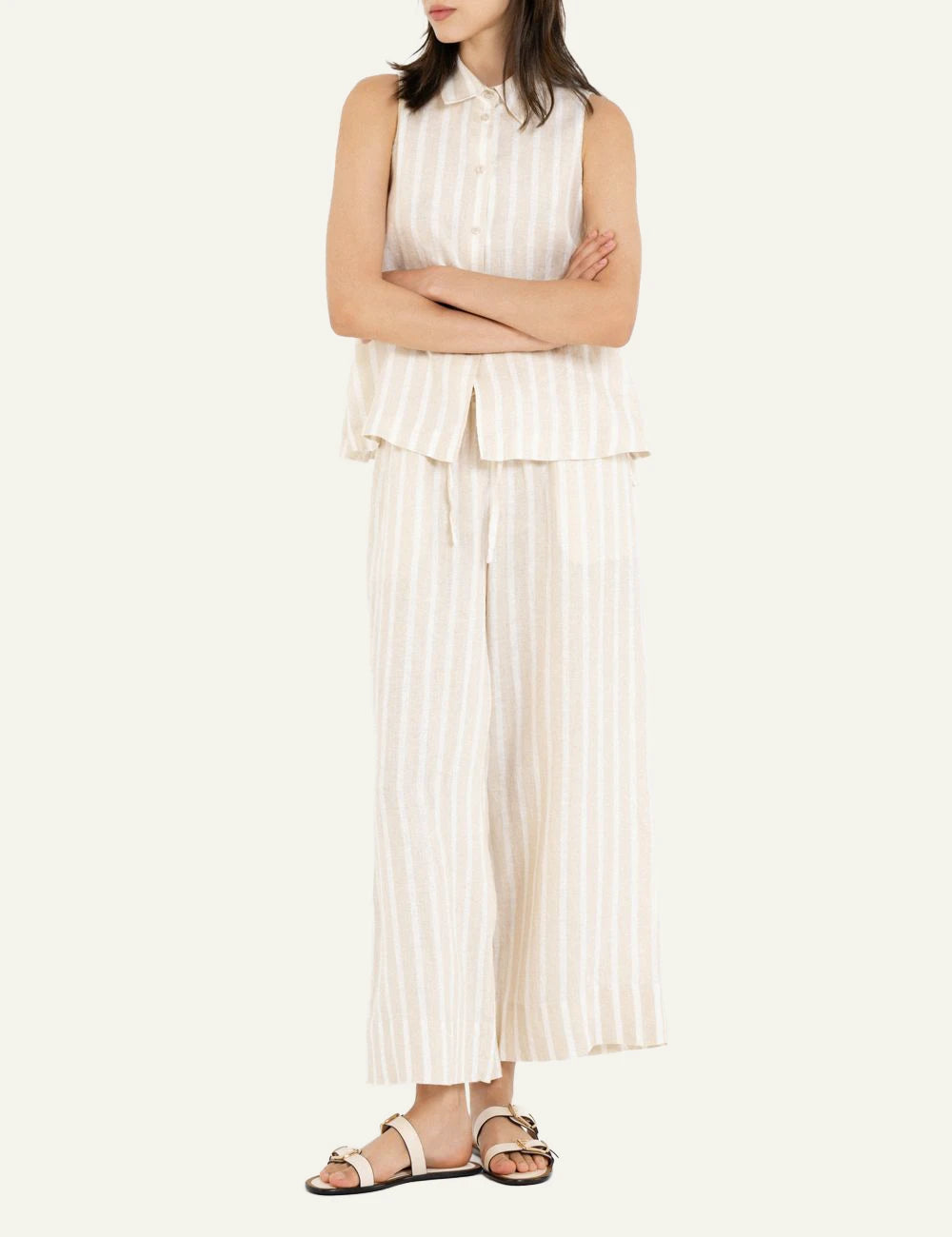 Philosophy stripes cropped shirt beige white striped sleeveless shirt front full body view