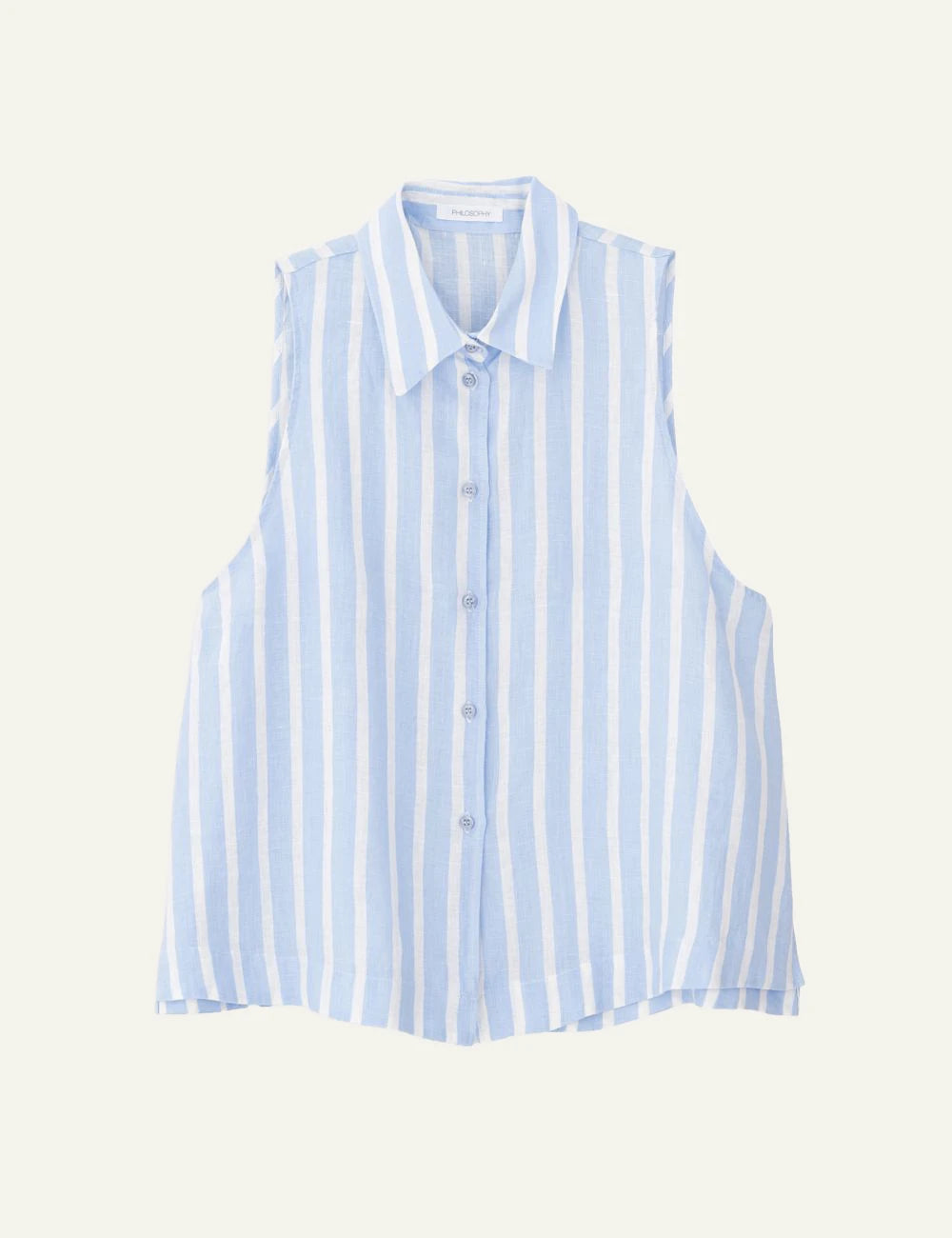 Philosophy stripes cropped shirt light blue white striped sleeveless shirt front flat view