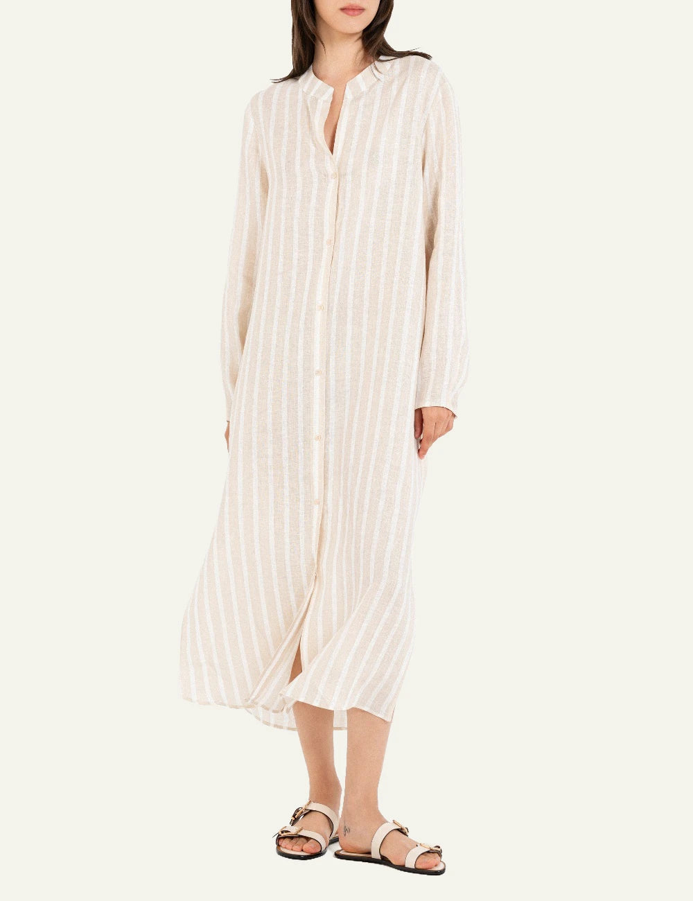 Philosophy stripes shirtdress beige midi long sleeve belted front model view