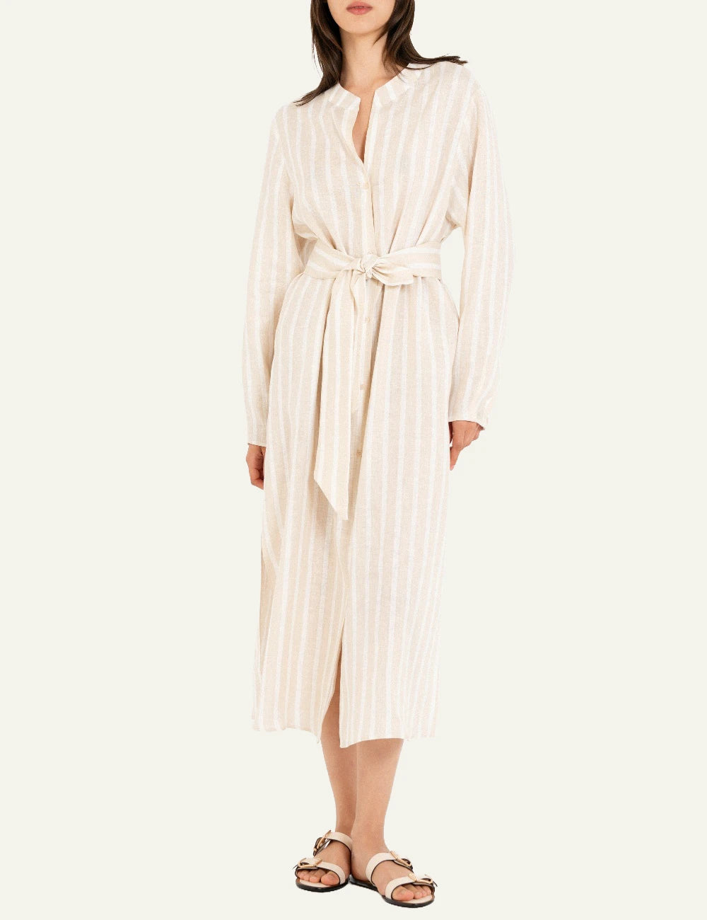 Philosophy stripes shirtdress beige midi long sleeve belted front full body view
