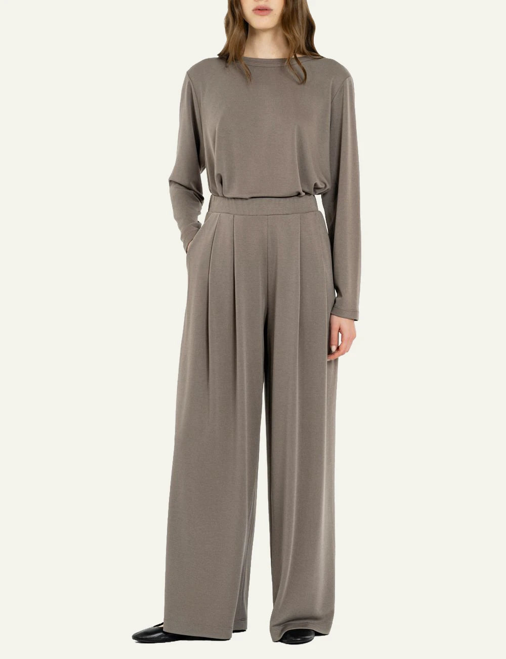 Philosophy taupe cupro pique wide leg pants for women full look