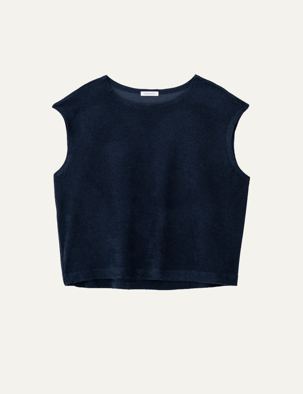 Philosophy terry cropped top dark blue sleeveless loose front view