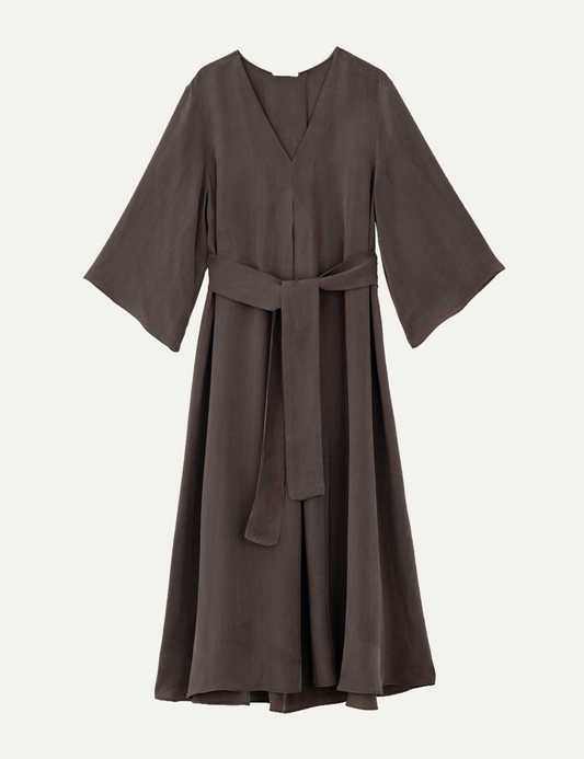 Philosophy v neck dress brown midi belted 3-4 sleeve front view
