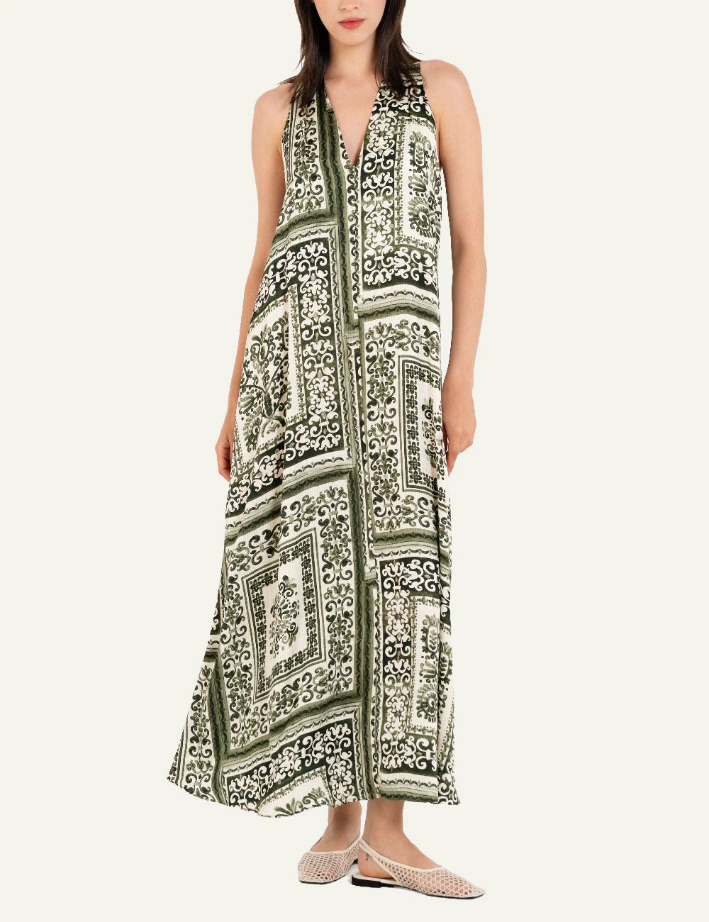 Philosophy v neck dress green maxi sleeveless model full body