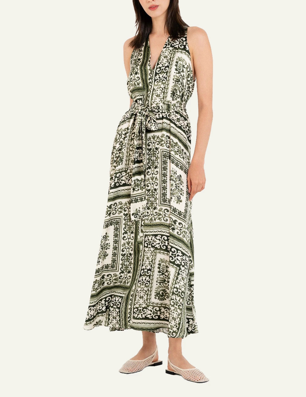 Philosophy v neck dress green maxi sleeveless model side