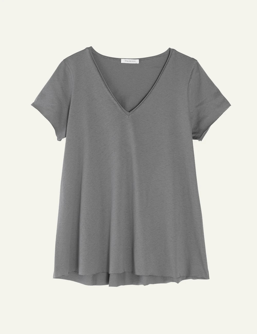 Philosophy v neck short sleeve top grey relaxed fit tee front flat view