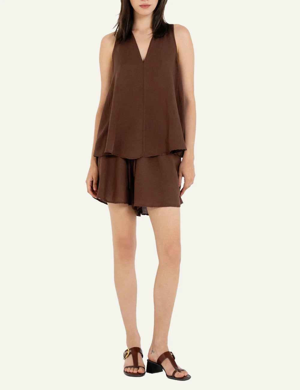 Philosophy V Neck Top Brown worn full look