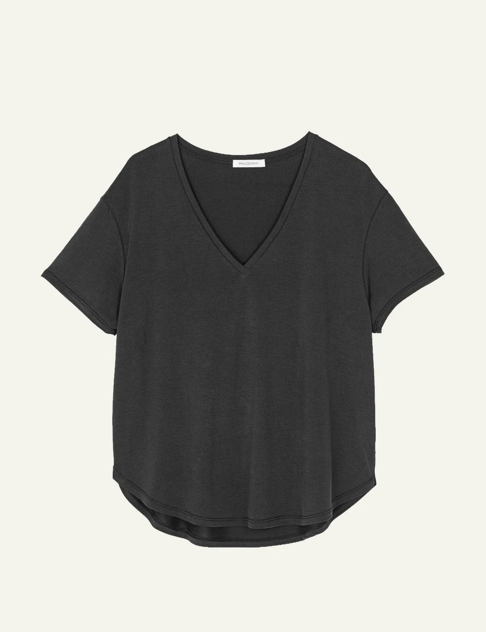 Philosophy v neck top off black short sleeve relaxed fit soft fabric front view