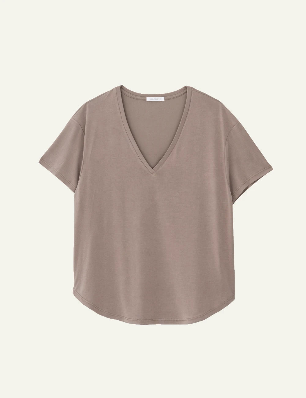 Philosophy v neck top taupe short sleeve soft fabric relaxed fit front view