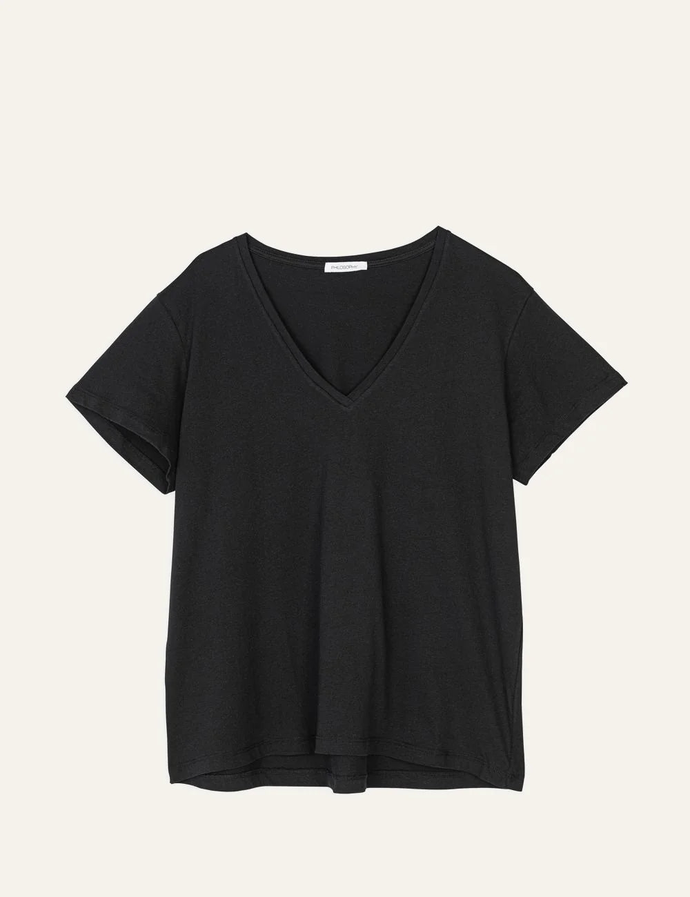 Philosophy v neck t shirt black short sleeve relaxed tee front flat view