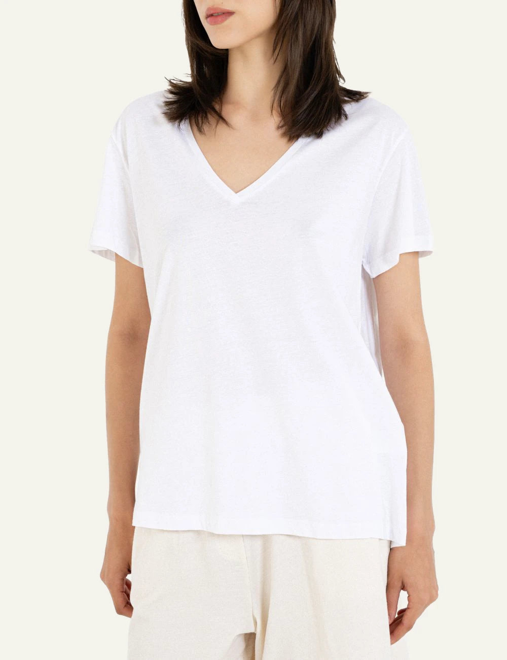 Philosophy v neck t shirt white short sleeve relaxed tee front model view