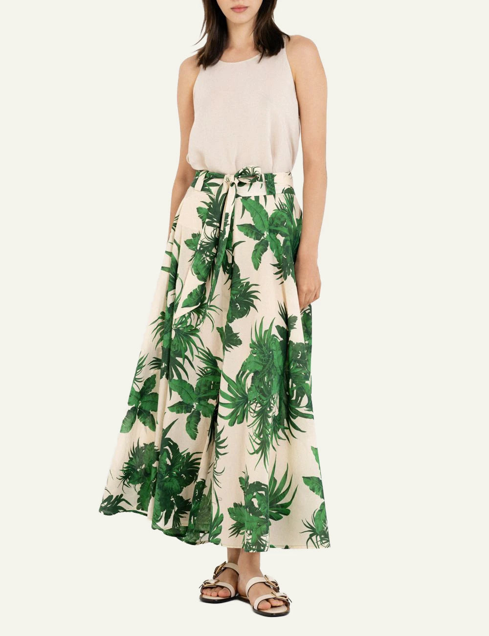 Philosophy voile print skirt beige green tropical midi skirt front full body view