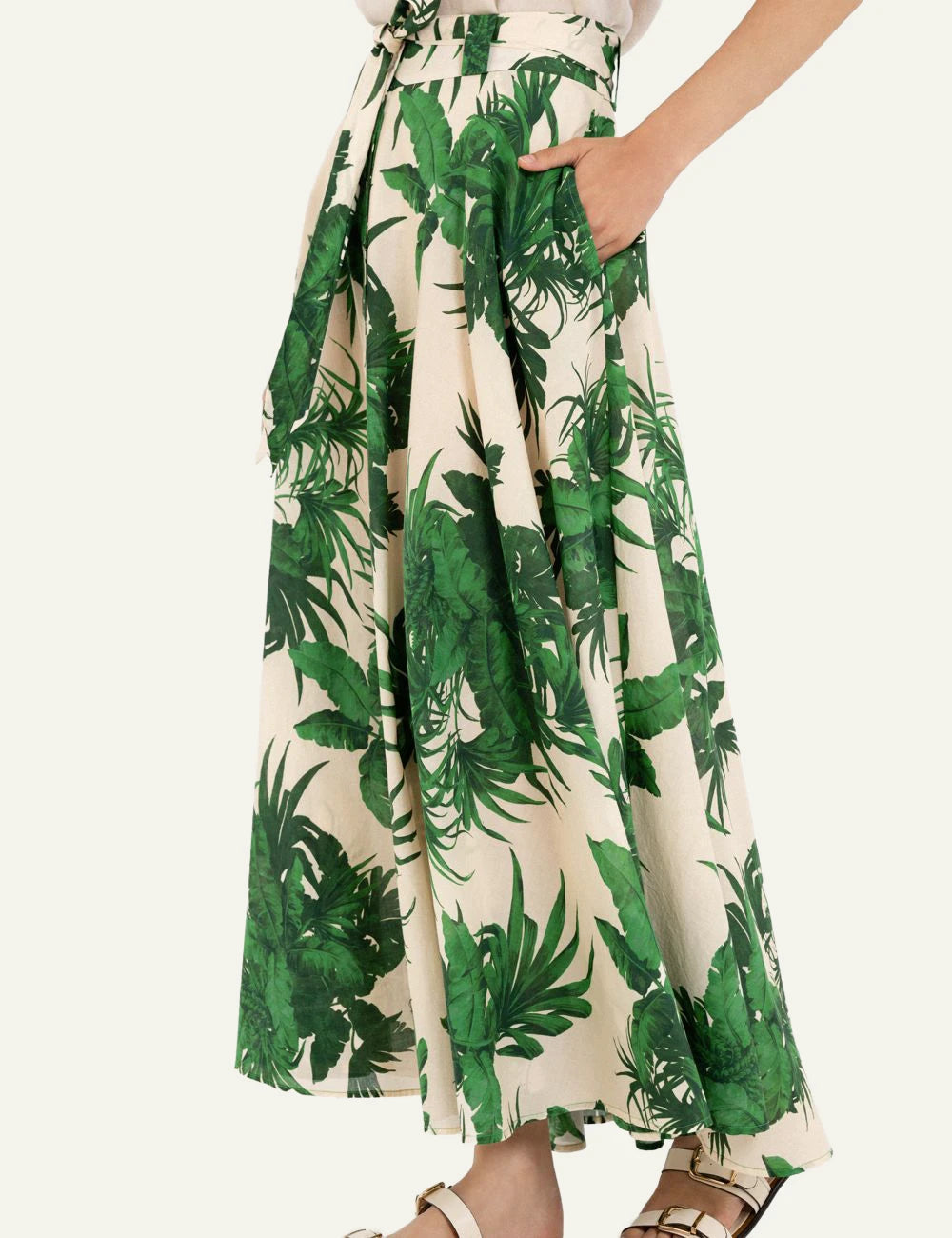 Philosophy voile print skirt beige green tropical midi skirt side view