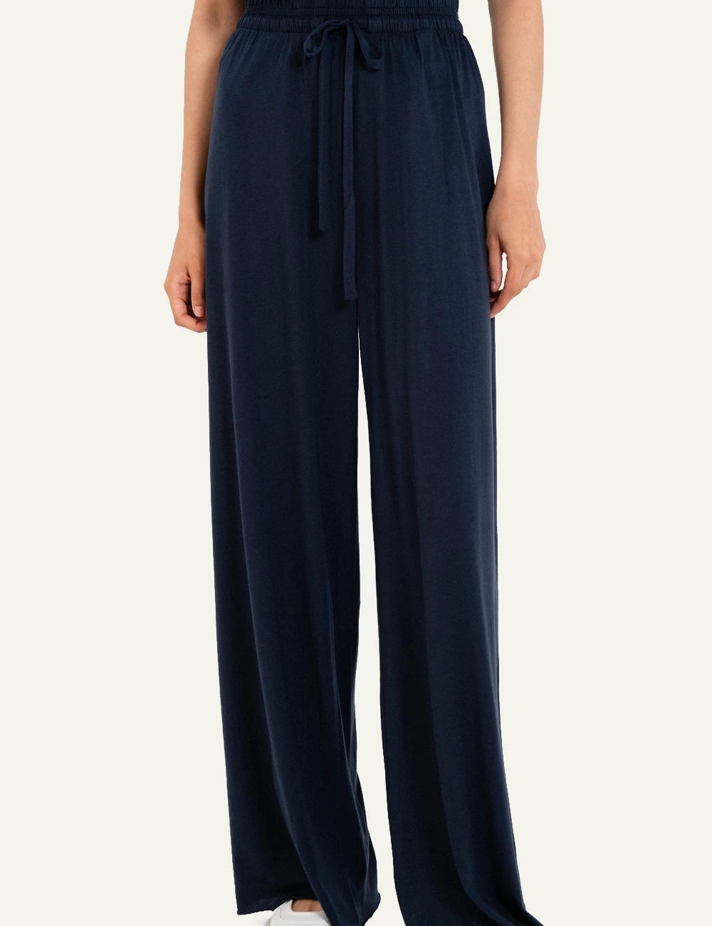 Philosophy wide leg pants dark blue elastic waist drawstring front detail view