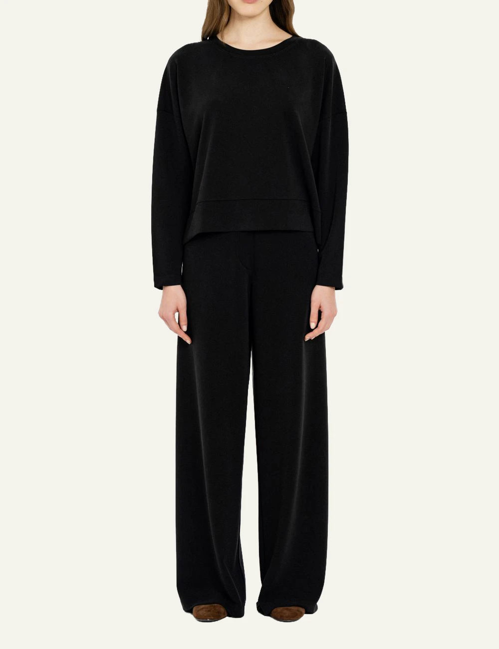 Philosophy women's Black heavy rib sandwashed long-sleeve top full look