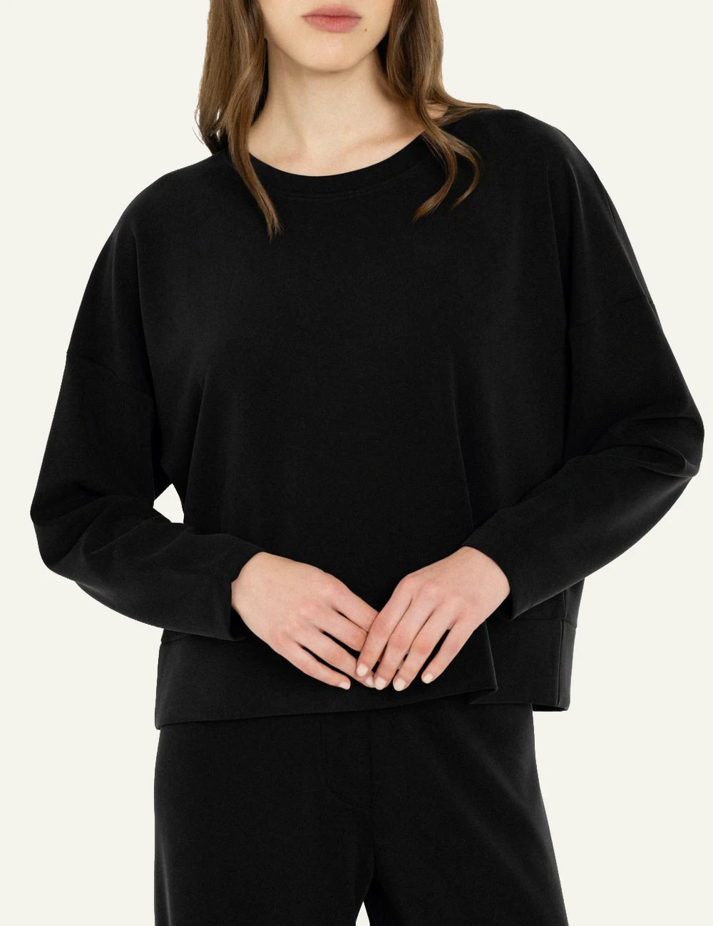 Philosophy women's Black heavy rib sandwashed long-sleeve top close up view