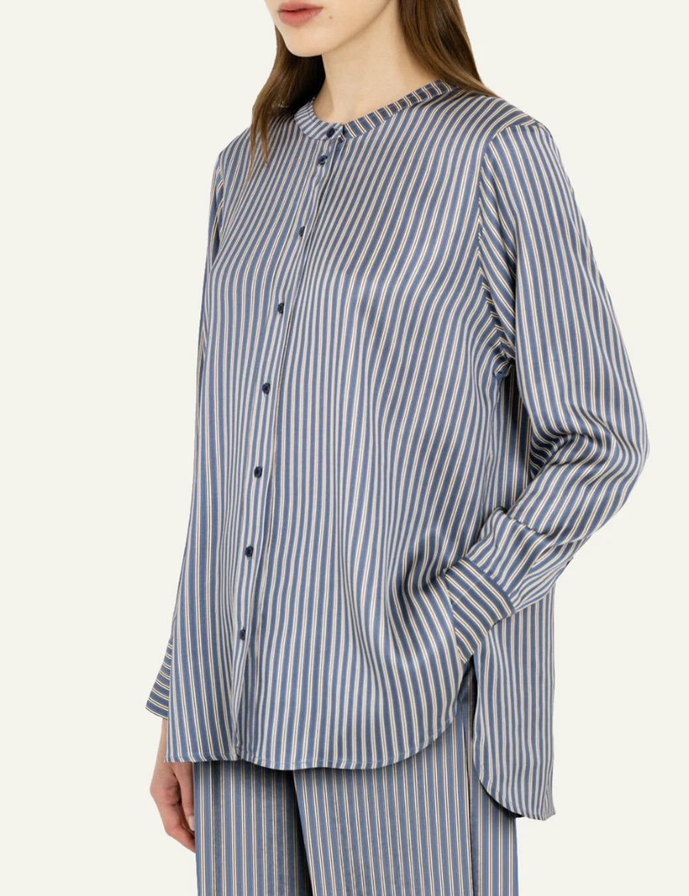 Philosophy women's blue striped satin oversized shirt side view