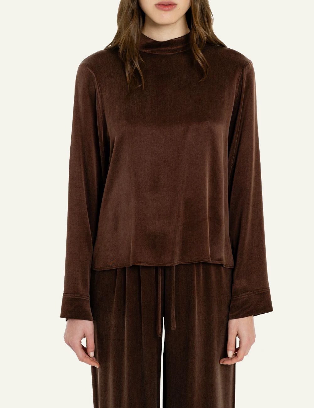 Philosophy women's brown cupro viscose mock-neck top close up view