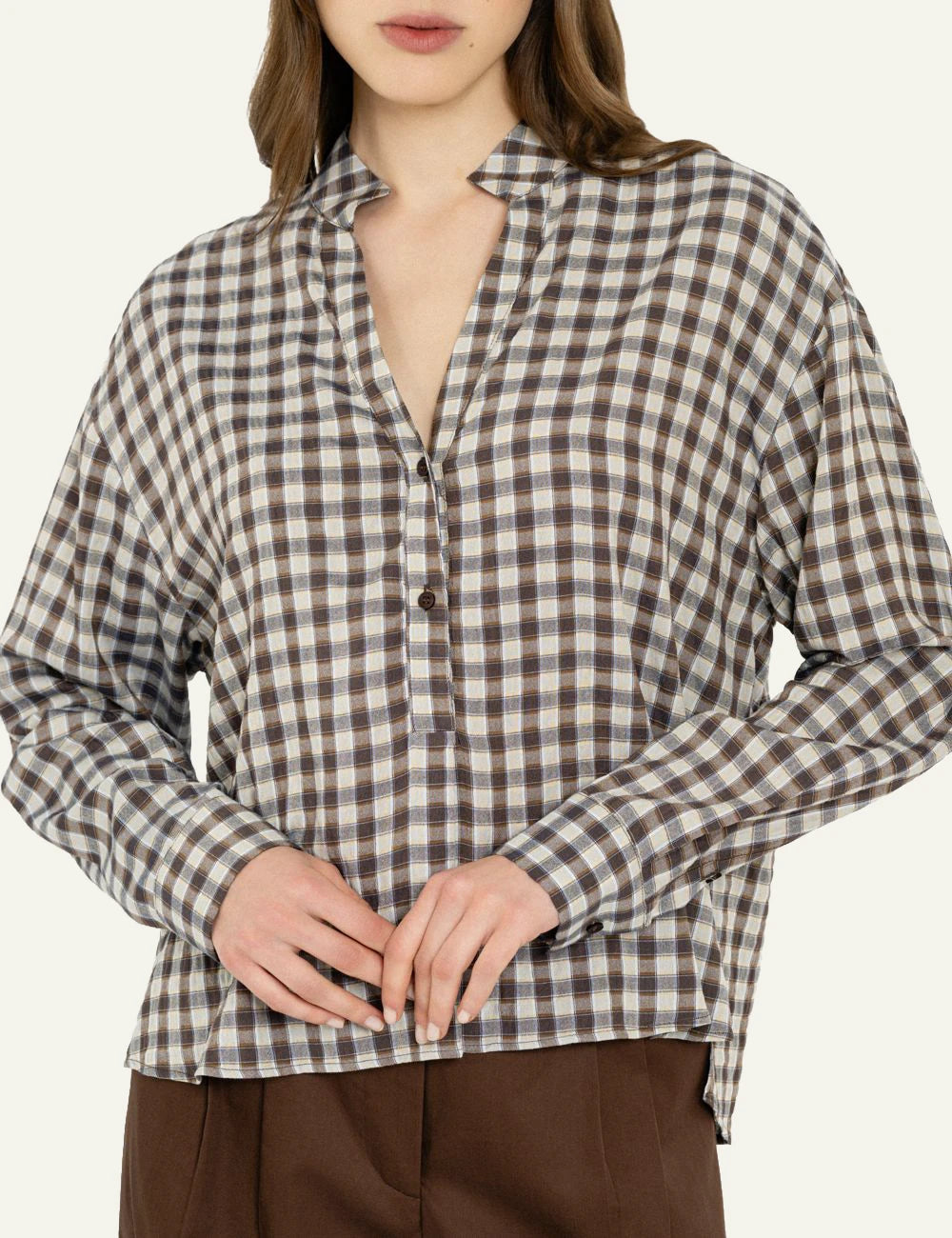 Philosophy women's brown plaid long-sleeve top close up view