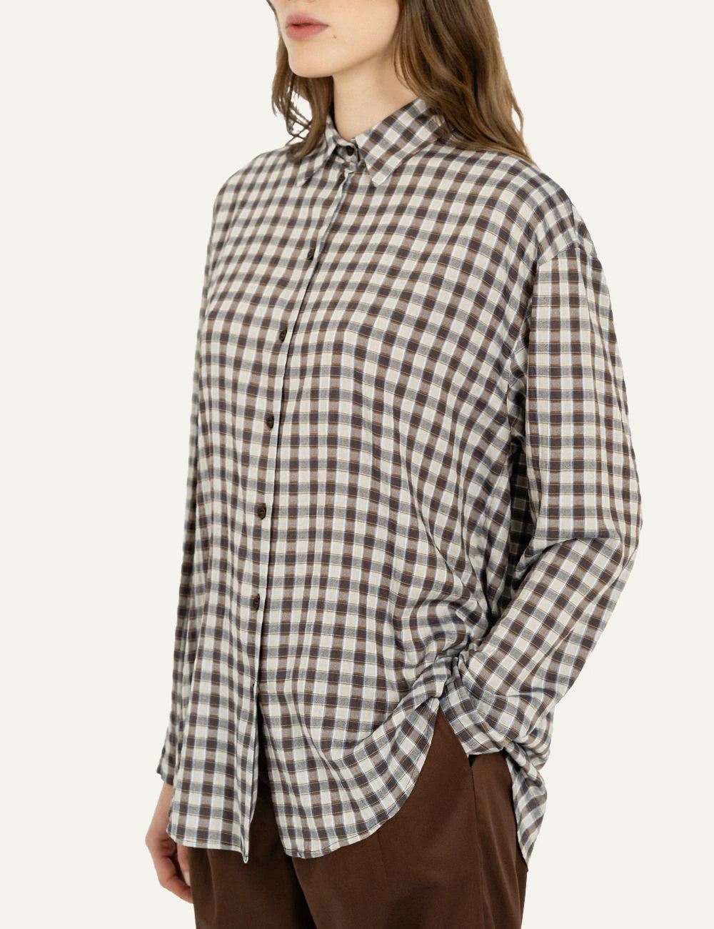 Philosophy women's brown plaid oversized shirt side view