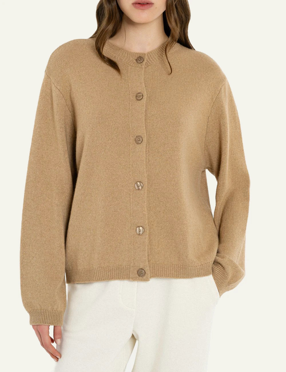 Philosophy women's camel cashmere cropped cardigan model