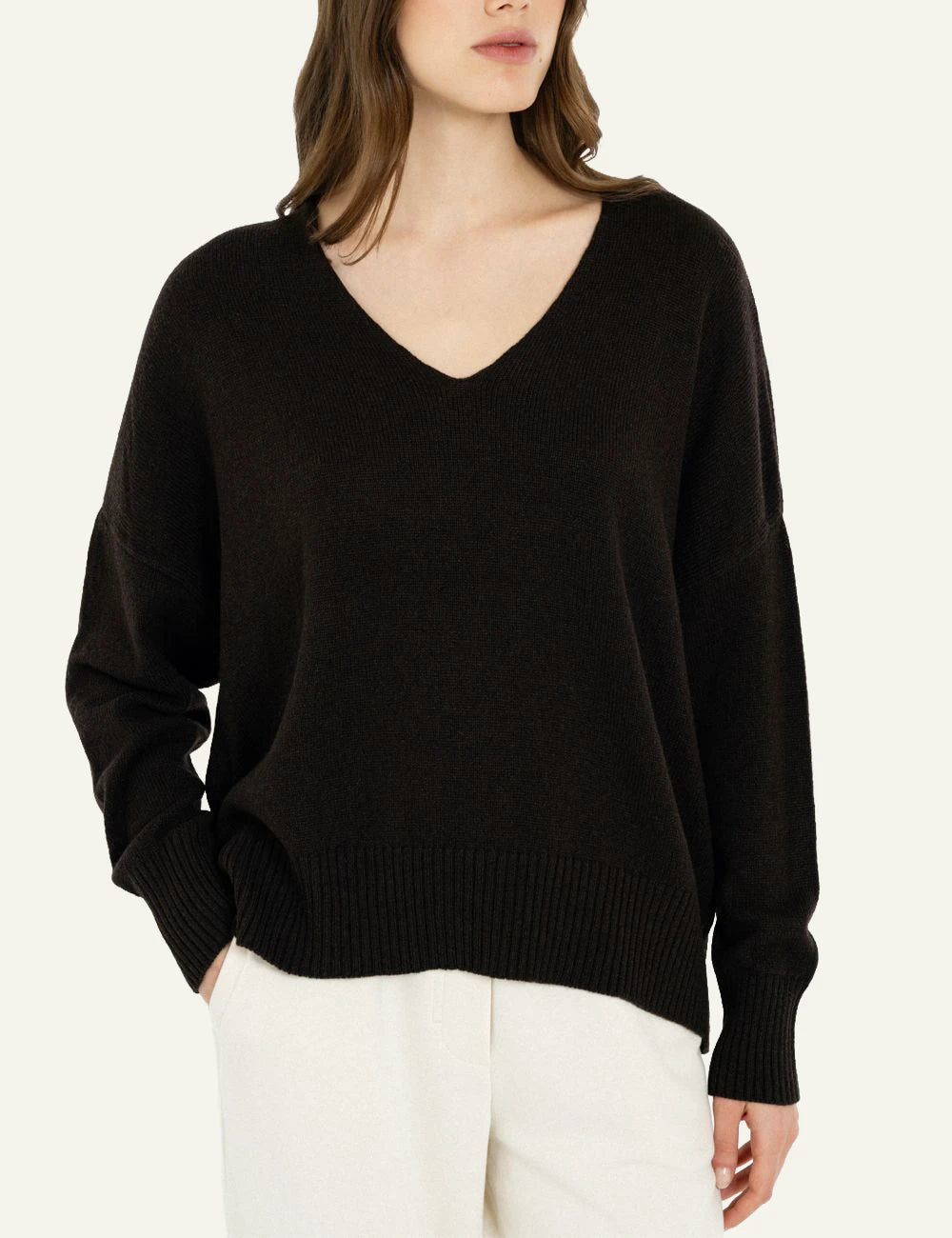 Philosophy women's dark brown cashmere V-neck sweater model