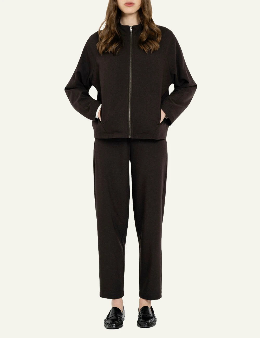 Philosophy women's dark brown T/R zip-up jacket full look