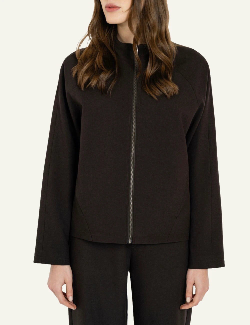 Philosophy women's dark brown T/R zip-up jacket front view