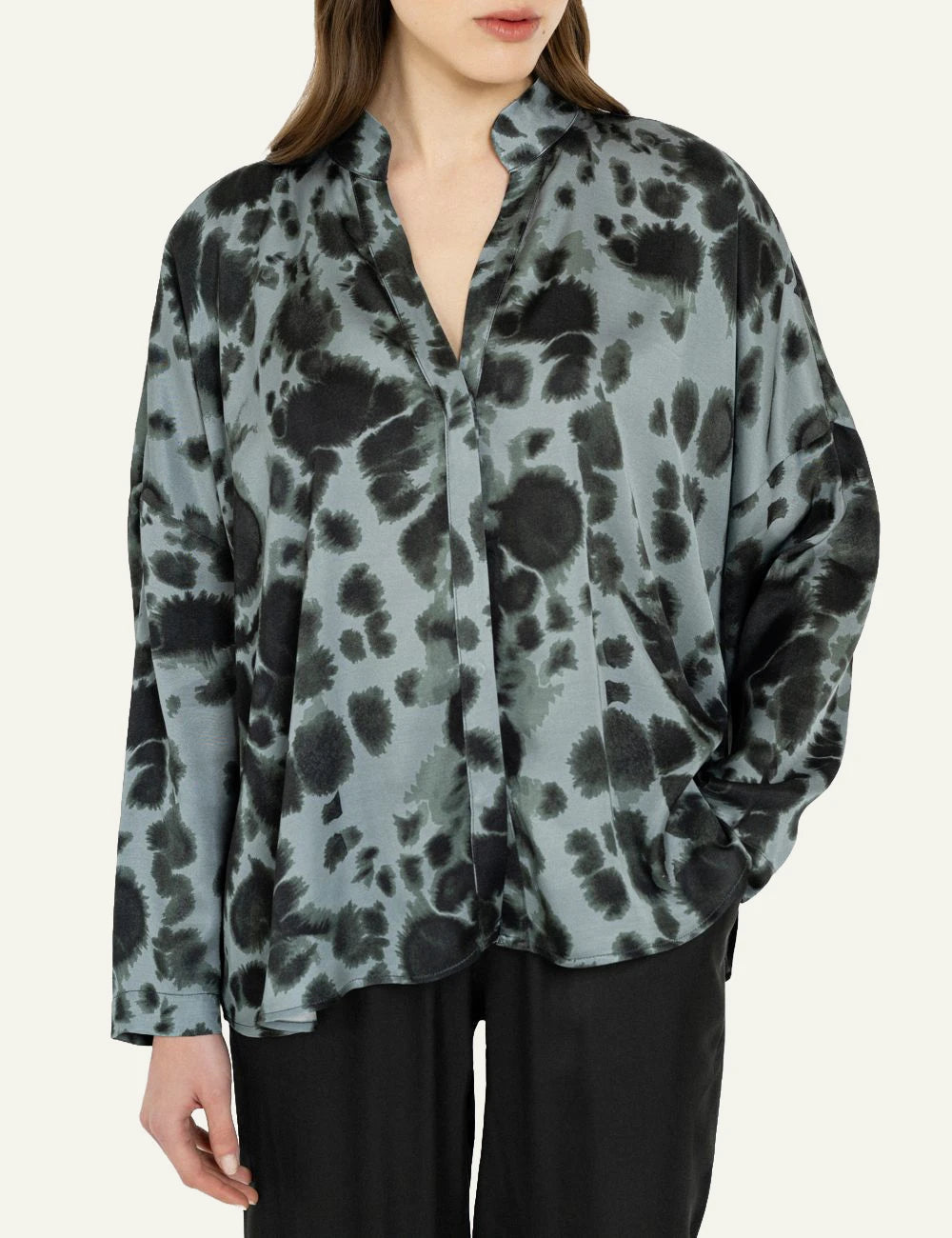 Philosophy women's dusty blue printed satin oversized shirt front view