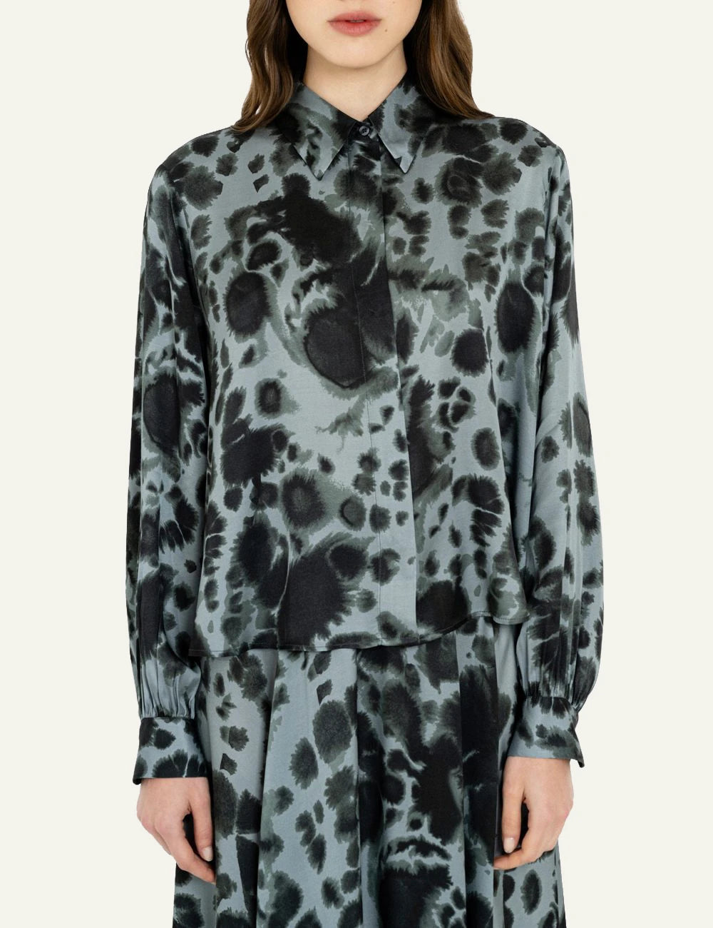 Philosophy women's dusty blue printed satin shirt front view