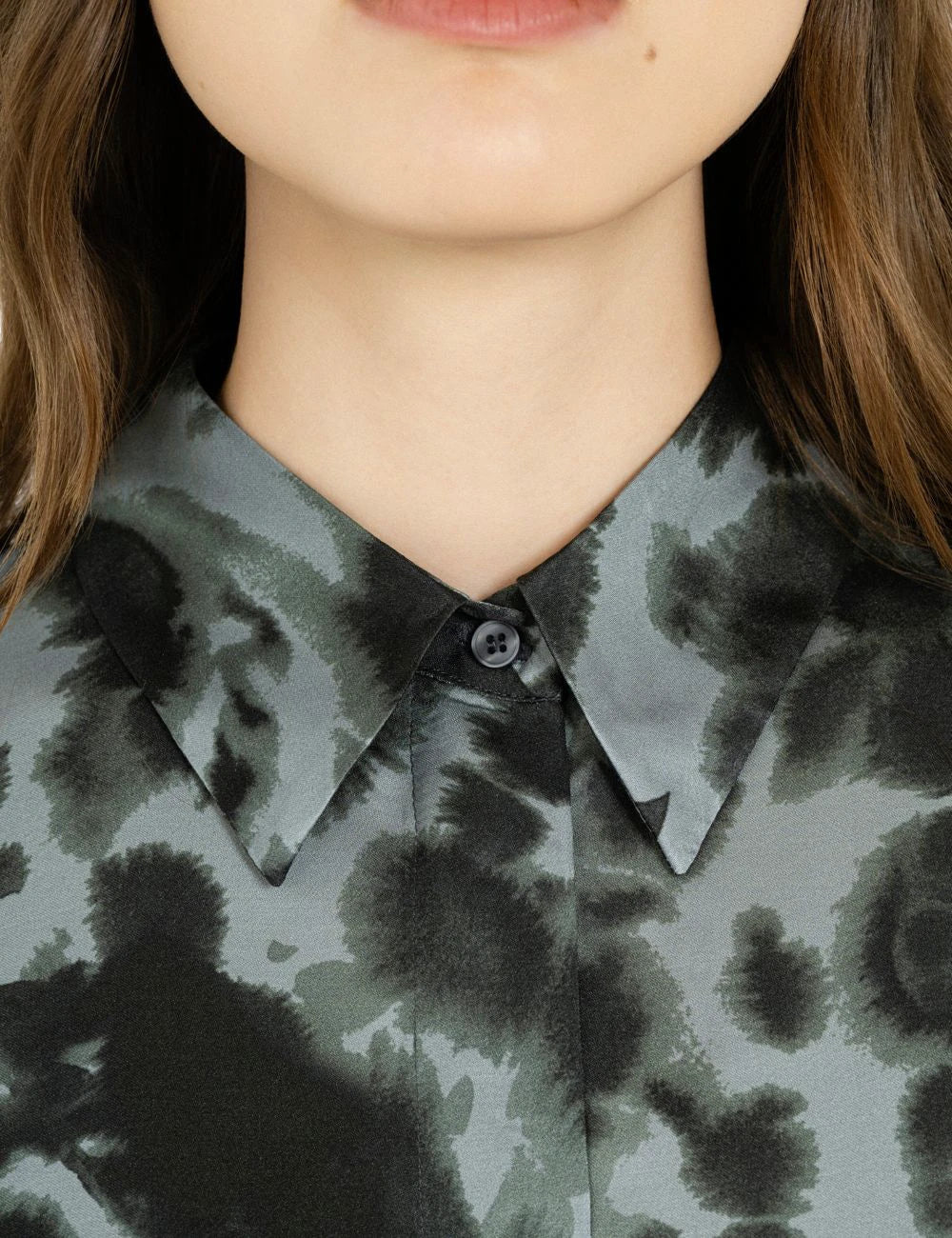 Philosophy women's dusty blue printed satin shirt neck view