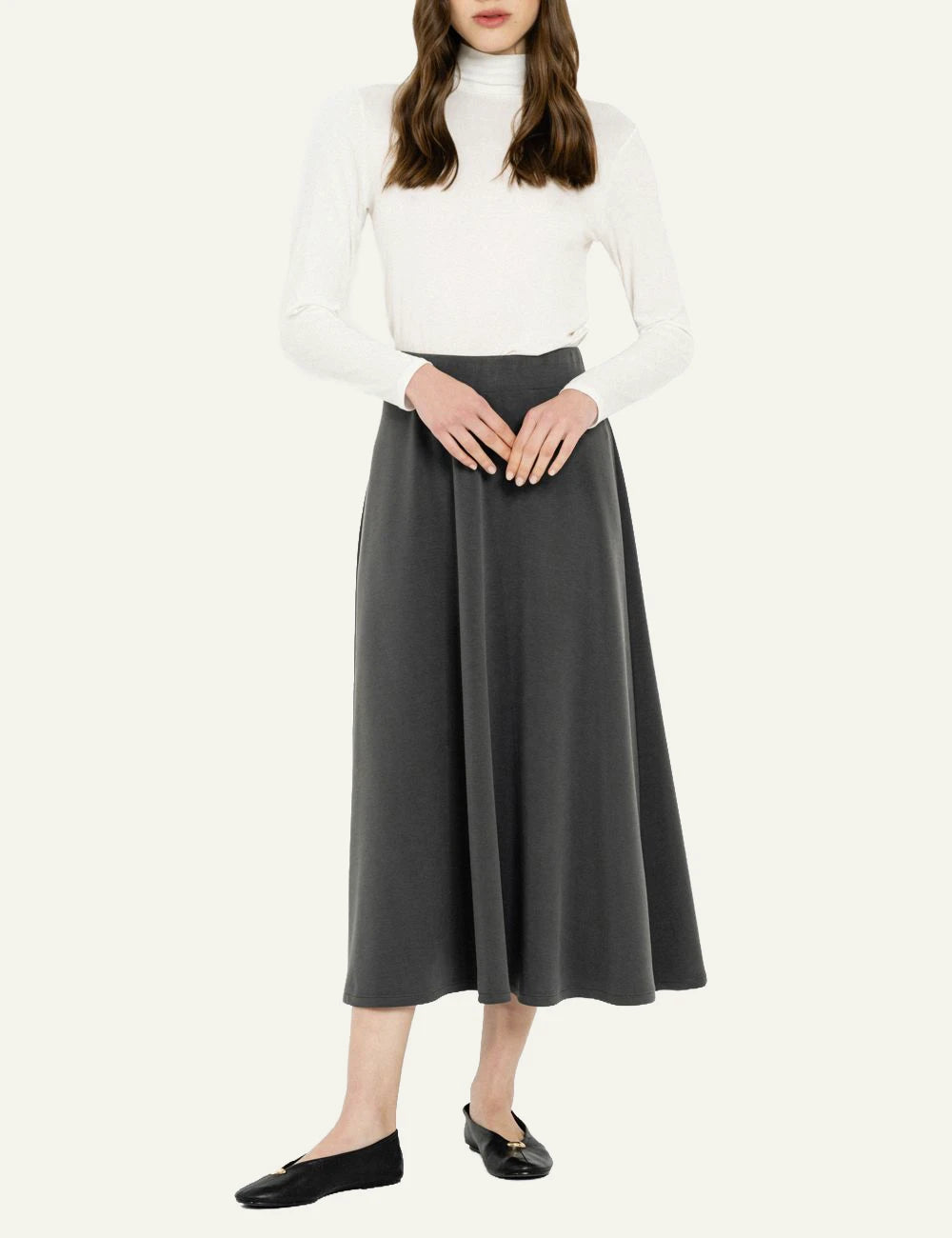 Philosophy women's grey heavy rib sandwashed midi skirt front view