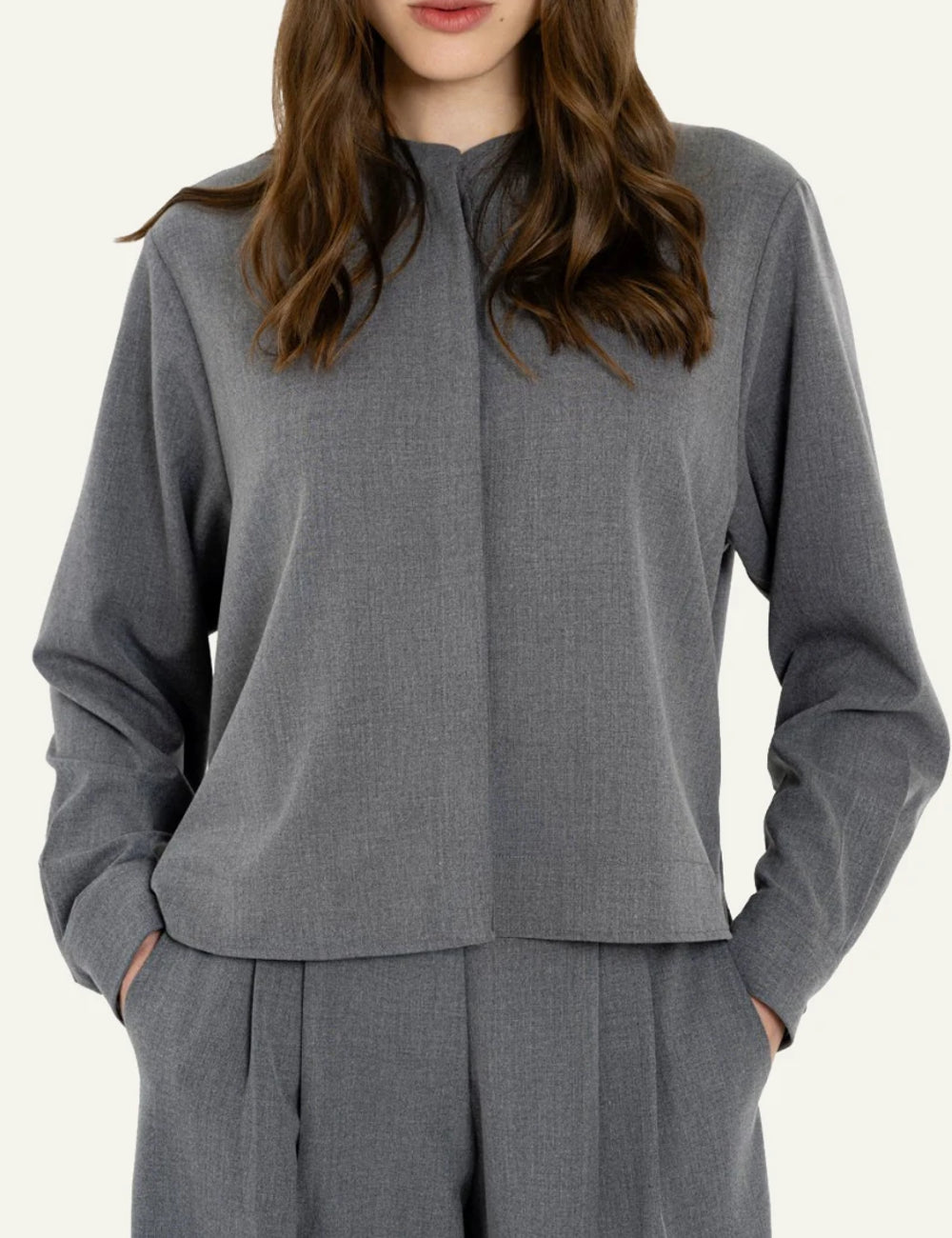 Philosophy women's grey lightweight cropped shirt close up view