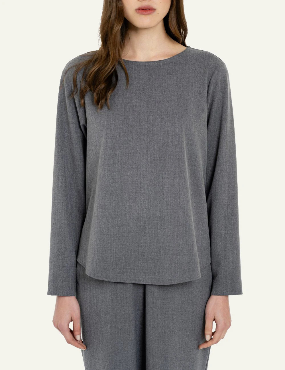 Philosophy women's grey lightweight T/R long-sleeve blouse front and close up view