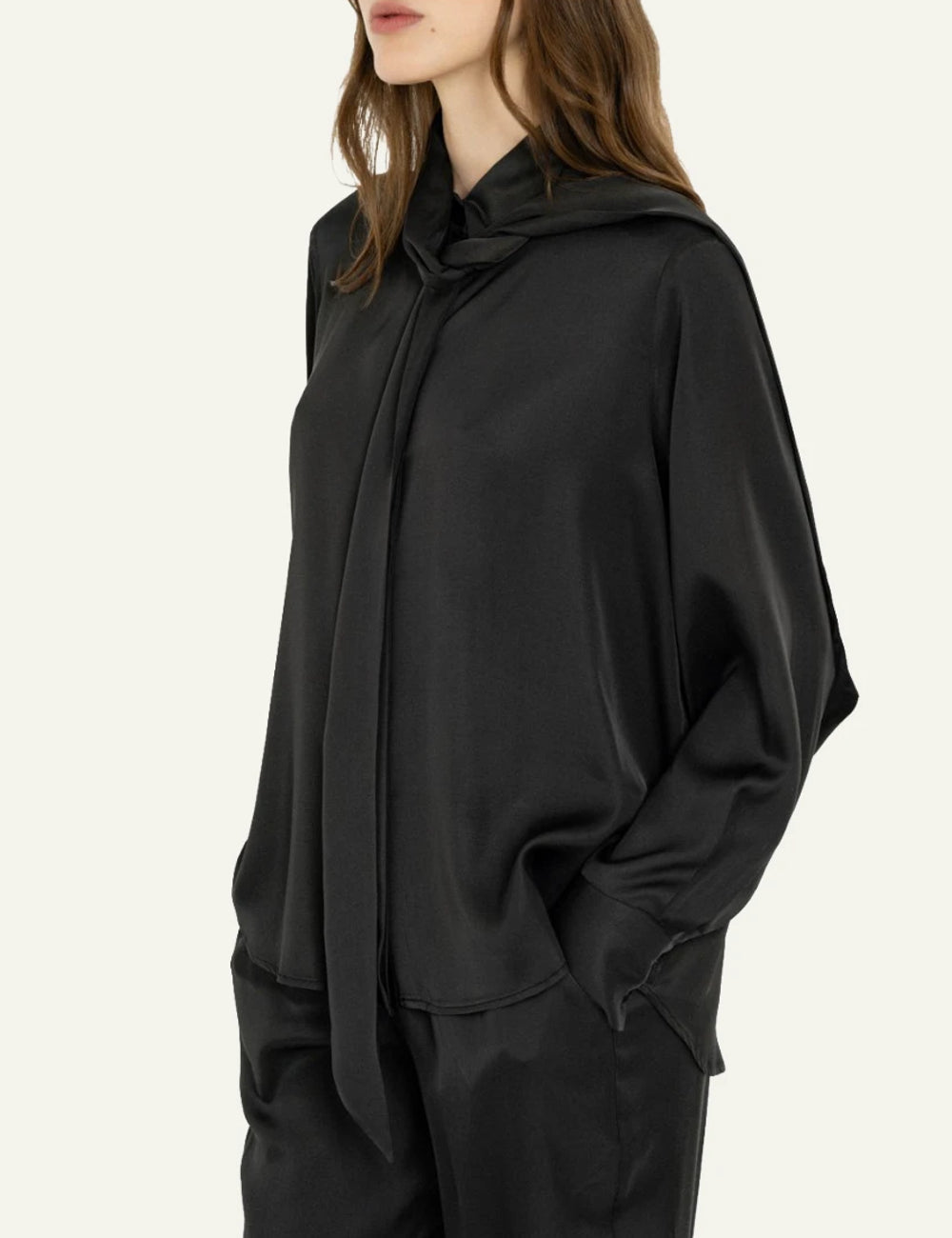 Philosophy women's off-black satin ECOVERO tie-neck shirt side view