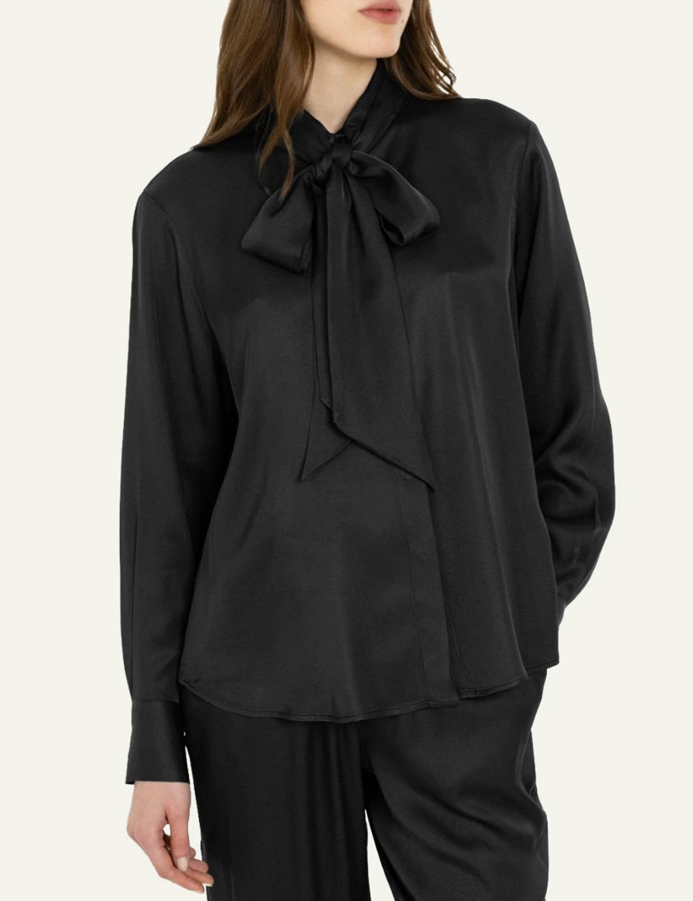 Philosophy women's off-black satin ECOVERO tie-neck shirt close up view