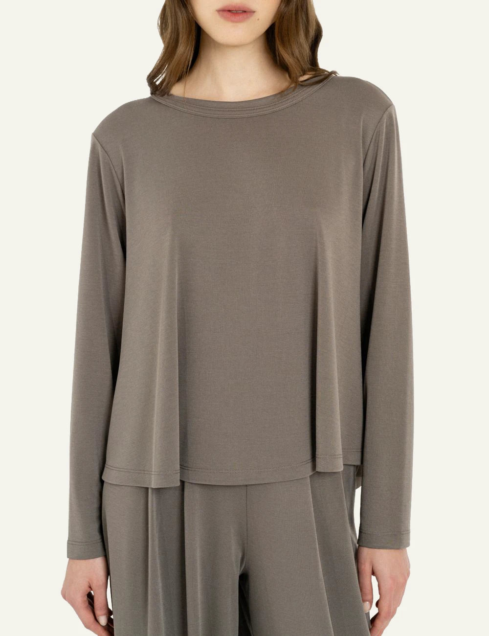 Philosophy women's taupe cupro pique long-sleeve top close up view
