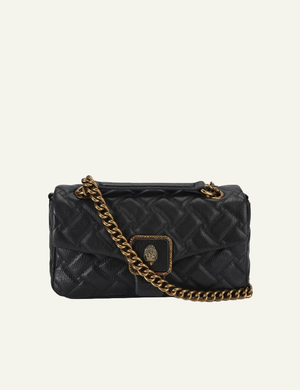 Kurt Geiger London Pimlico black leather quilted bag front view with eagle head clasp