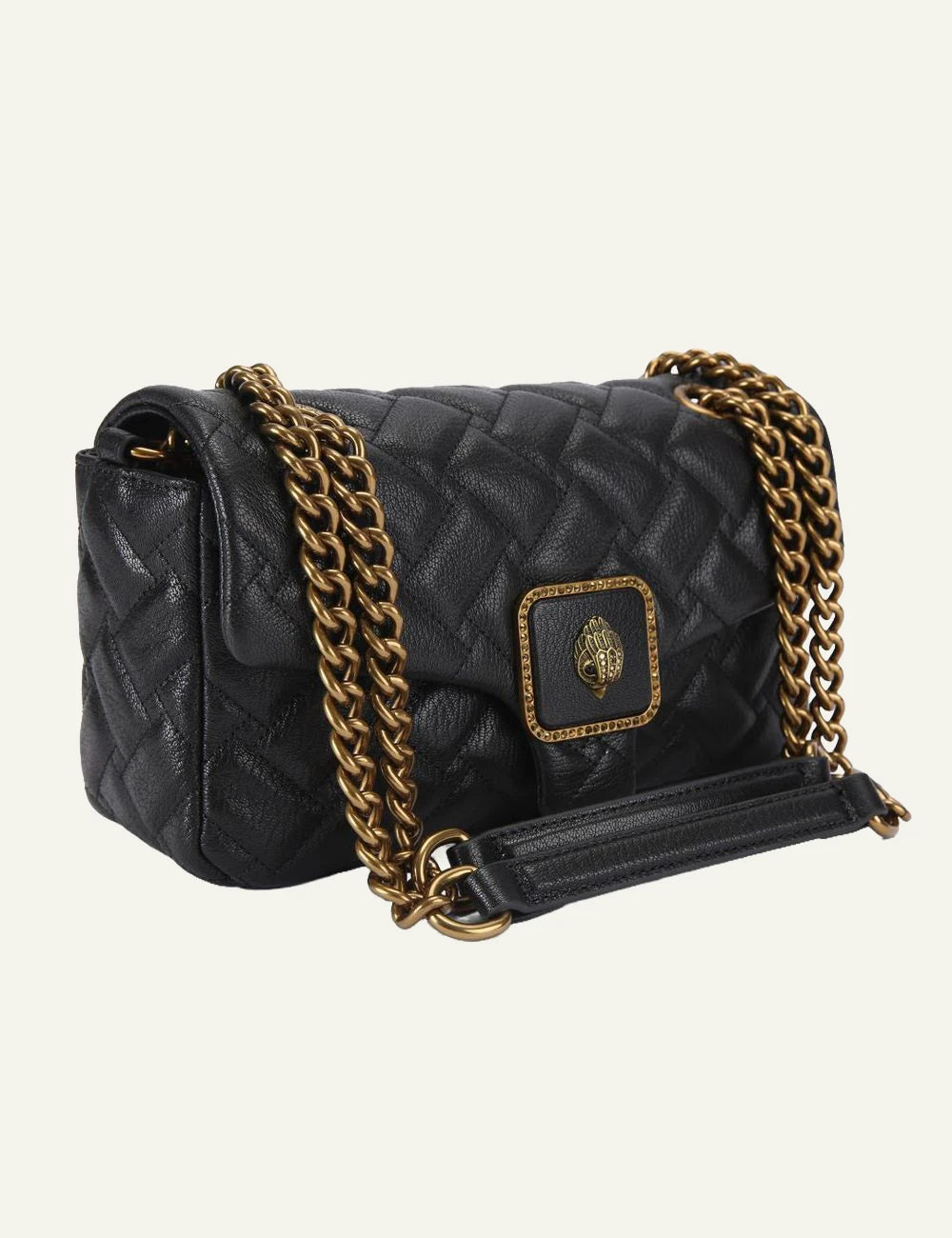 Kurt Geiger London Pimlico quilted leather bag angled side view gold chain