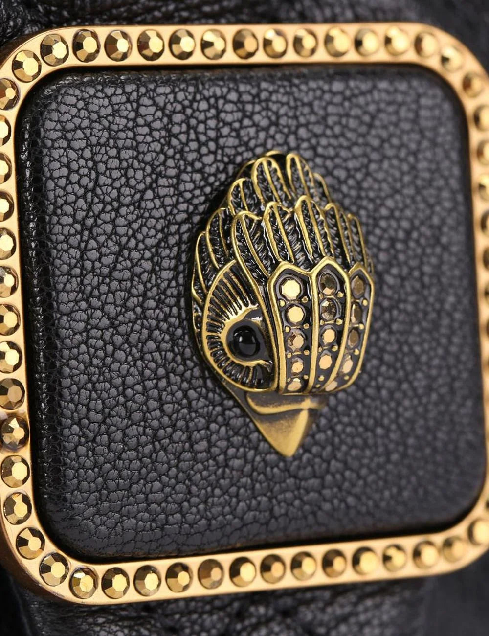 Kurt Geiger London eagle head clasp crystal trim black leather bag detail