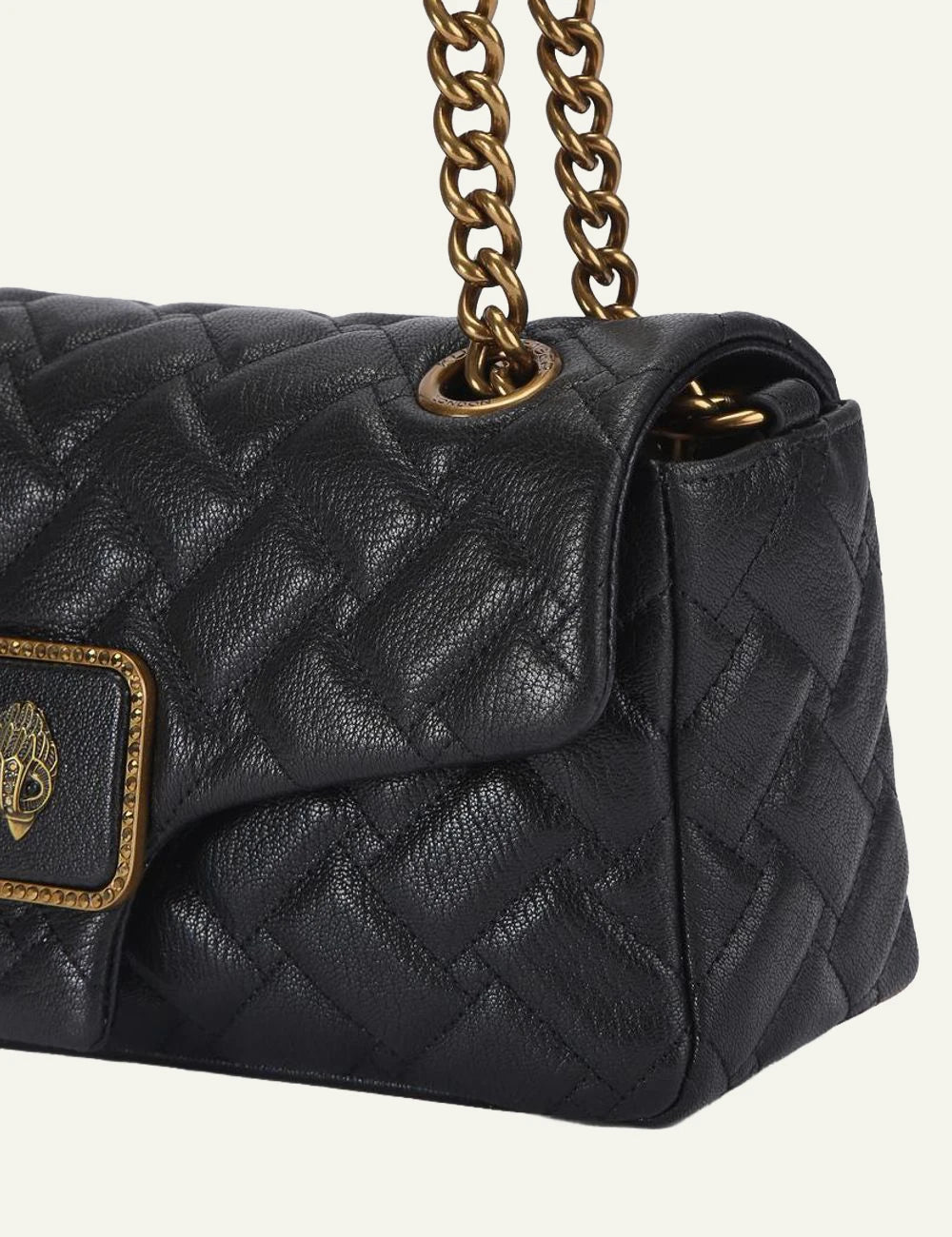 Kurt Geiger Pimlico quilted leather bag side detail with gold chain strap