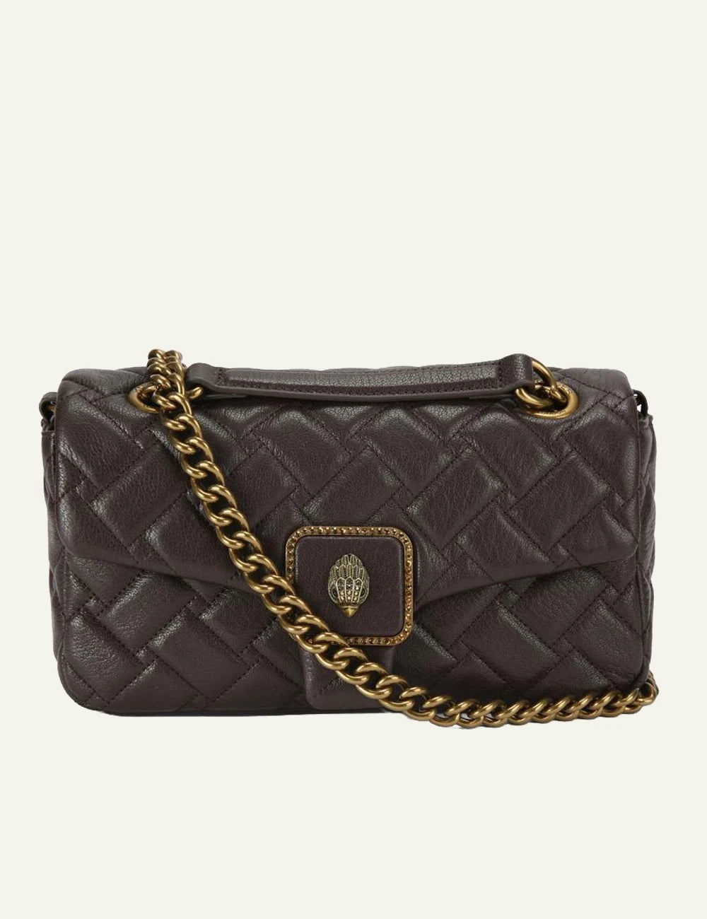 Kurt Geiger London Pimlico brown leather quilted bag front view with eagle head clasp