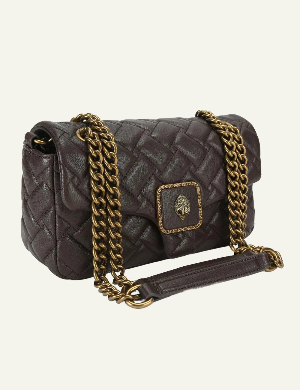 Kurt Geiger London Pimlico quilted leather bag angled side view gold chain