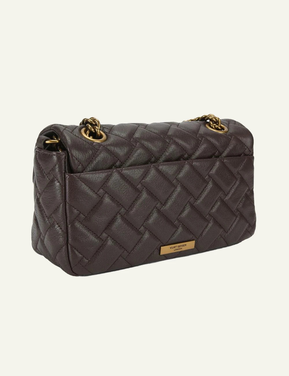 Kurt Geiger Pimlico brown leather bag back view with branded metal plate